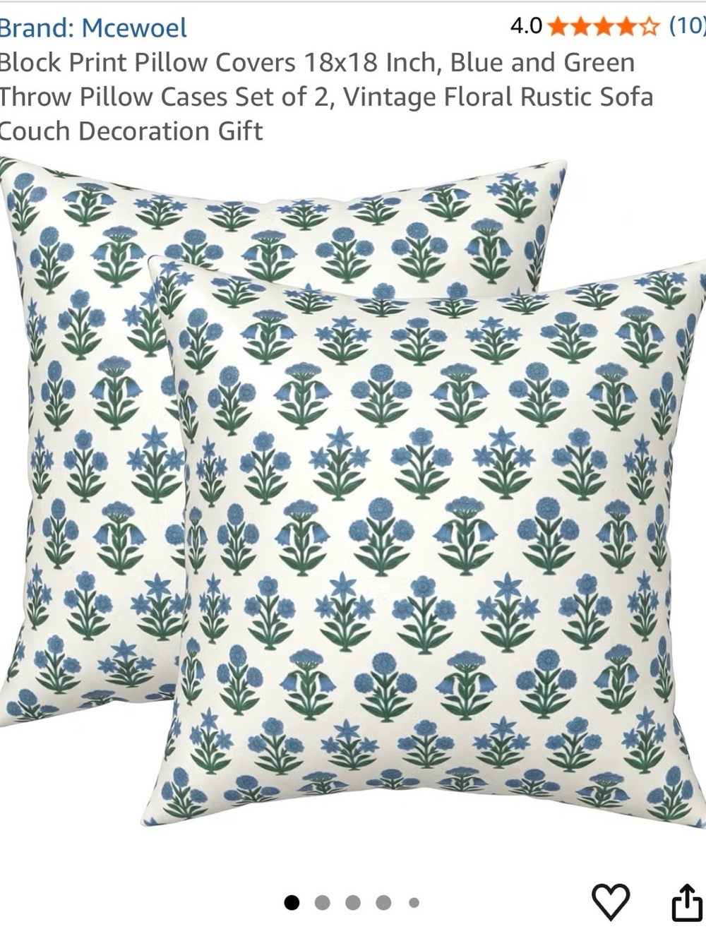 Blue and Green Floral Block Print Pillow Covers (Set of 2)